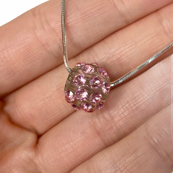 Pink Acrylic pendant necklace with sterling silver chain, genuine crystals - Picture 8 of 9